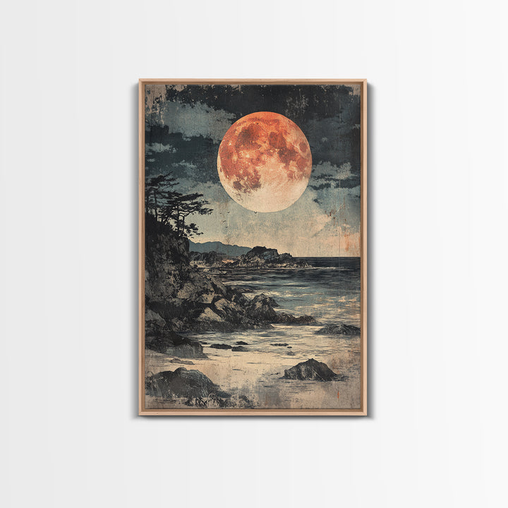 Full Moon Rocky Coast Canvas Print, Japanese Seascape Wall Art, Moody Wall Decor, Coastal Wall Art, Dark Academia Decor