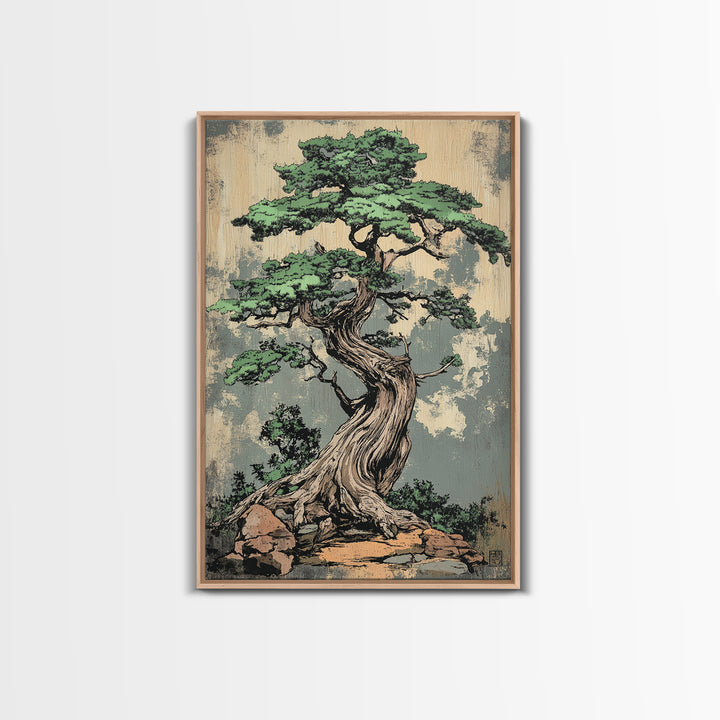 Twisted Bonsai Tree Wall Art, Japanese Zen Canvas Print, Nature Inspired Decor, Japandi Wall Decor, Calming Living Room Art