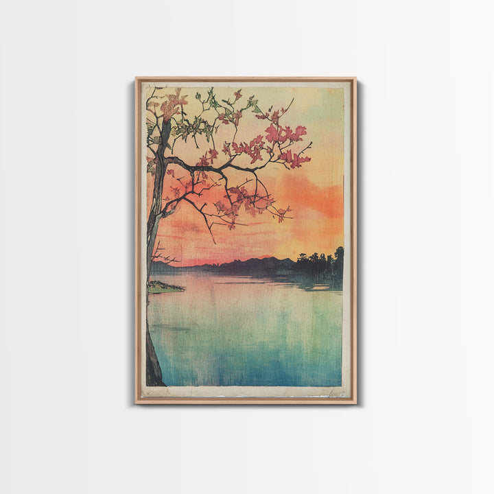 Cherry Blossom Lake Wall Art, Japanese Sunset Canvas Print, Serene Landscape Decor, Pink Floral Art, Bedroom Wall Decor Print