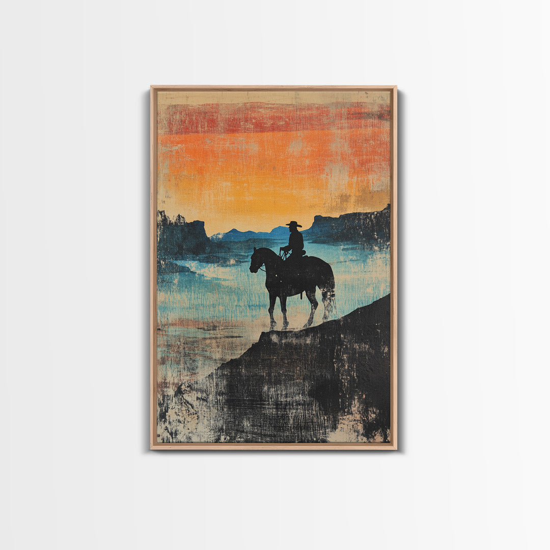Cowboy Canyon Sunset Wall Art, Western Horse Canvas Print, Rustic Landscape Decor, Southwestern Art, Gift For Him, Living Room Decor