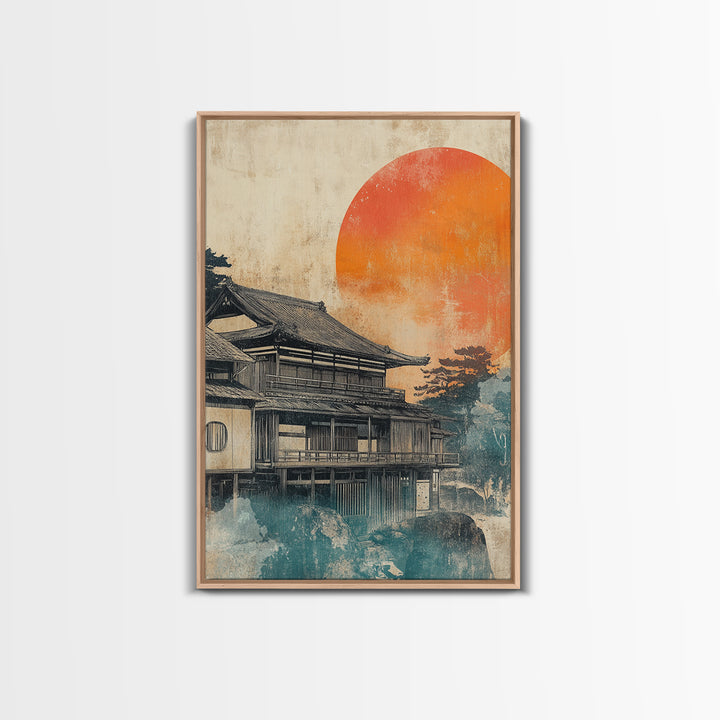 Japanese Tea House Framed Canvas Print, Orange Sun Wall Art, Ukiyo E Landscape Decor, Japandi Art, Modern Living Room Decor