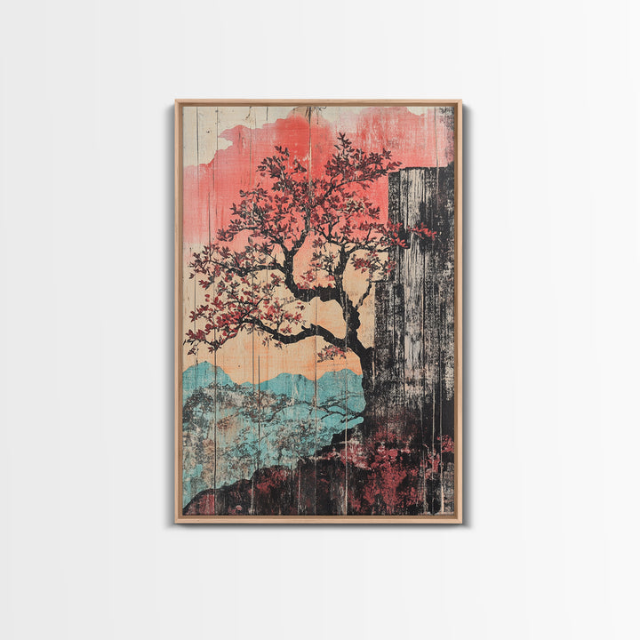 Cherry Blossom Waterfall Wall Art, Japanese Landscape Canvas Print, Pink Mountain Decor, Japandi Wall Decor, Large Art Print