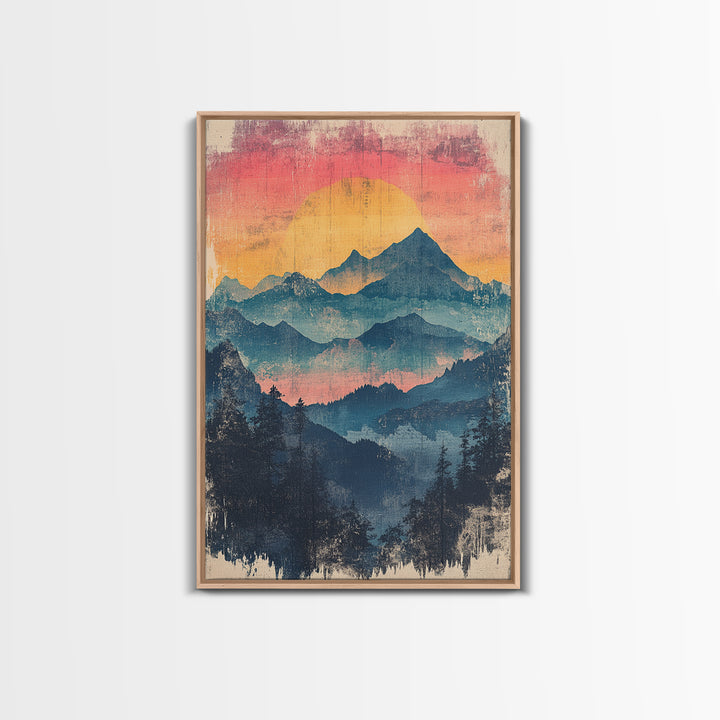 Misty Blue Mountain Sunset Wall Art, Layered Forest Landscape Print, Rustic Cabin Decor, Large Nature Living Room Art Gift