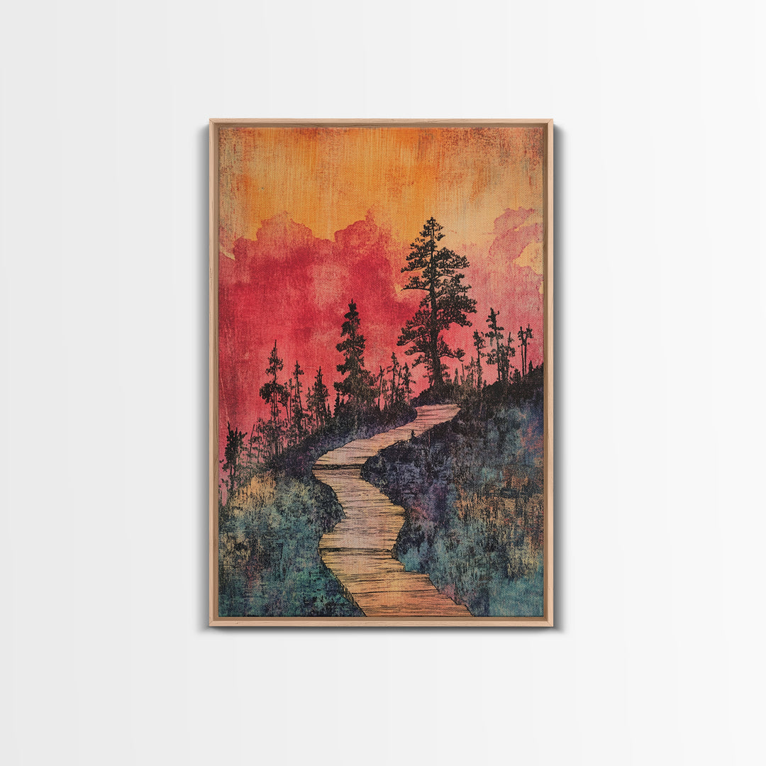 Winding Forest Path At Sunset Wall Art, Pink Orange Landscape Print, Rustic Cabin Decor, Cozy Nature Art For Bedroom Gift