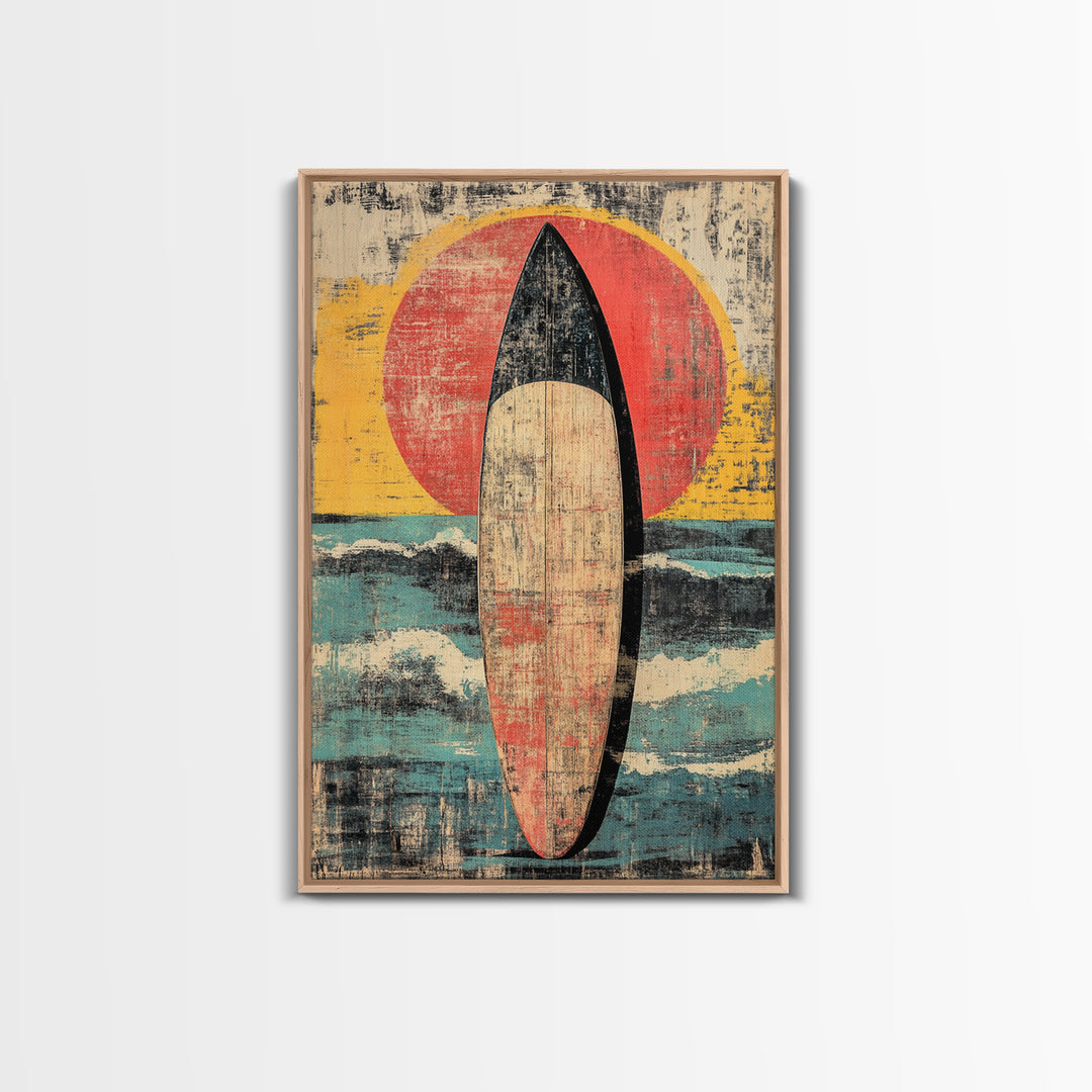 Retro Surfboard At Sunset Wall Art, Coastal Ocean Waves Print, Beach House Decor, Large Vertical Canvas For Surf Lovers Gift