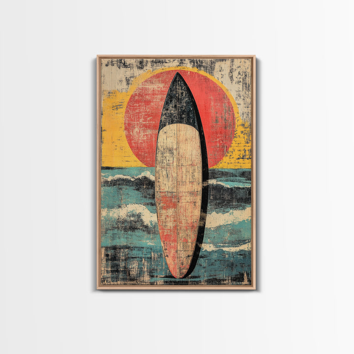 Retro Surfboard At Sunset Wall Art, Coastal Ocean Waves Print, Beach House Decor, Large Vertical Canvas For Surf Lovers Gift