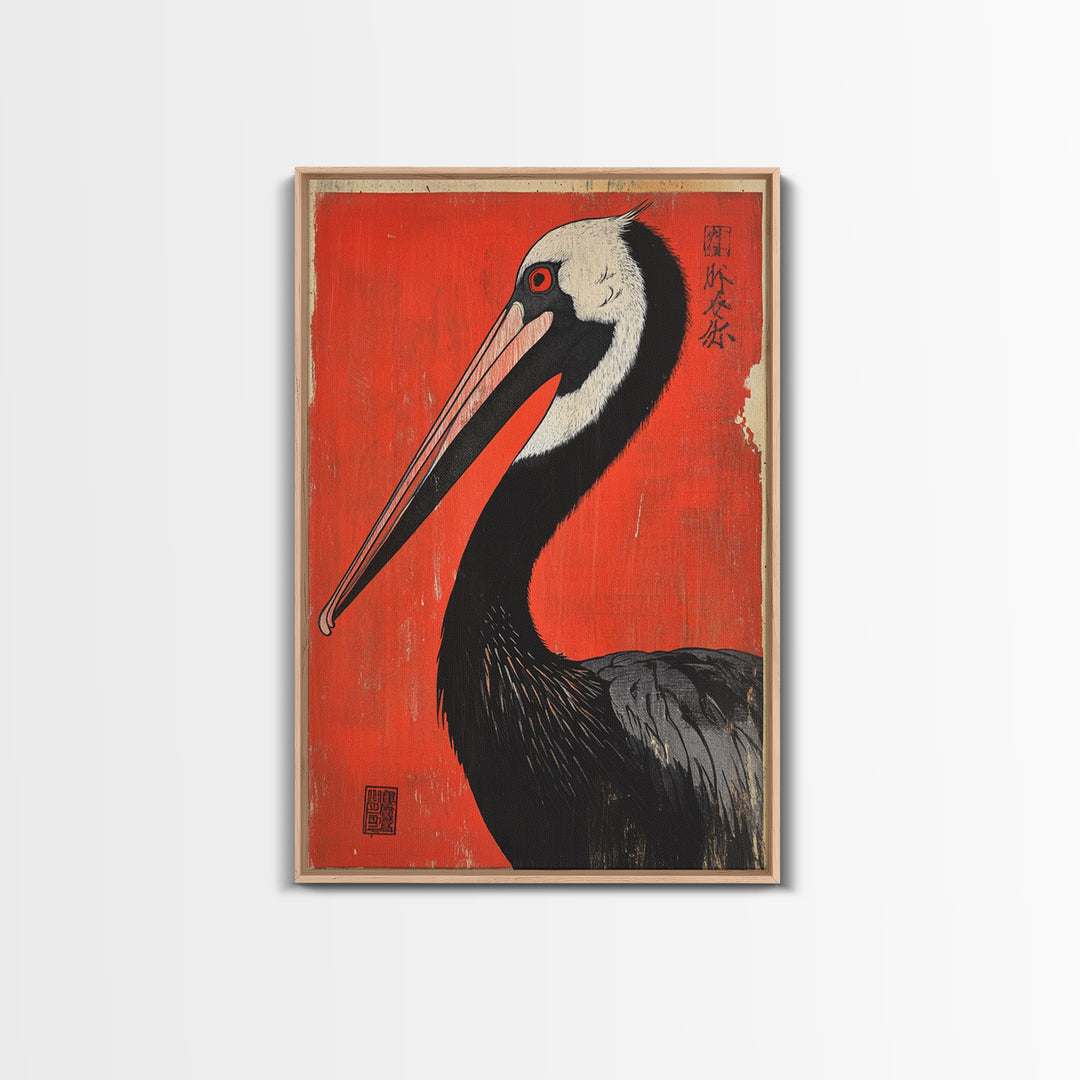 Black Necked Crane Bird On Red Japanese Canvas Print Wildlife Wall Art, Asian Decor, Bold Animal Art Poster Gift For Bird Lovers