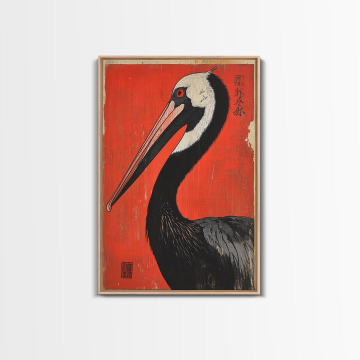 Black Necked Crane Bird On Red Japanese Canvas Print Wildlife Wall Art, Asian Decor, Bold Animal Art Poster Gift For Bird Lovers