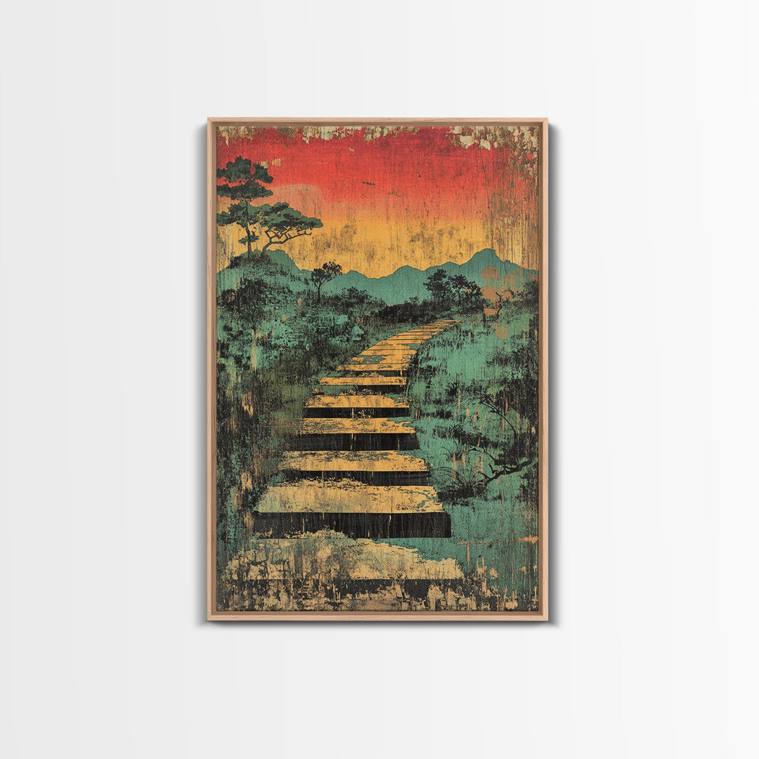 Sunset Boardwalk Through Misty Marsh Wall Art, Japanese Landscape Print, Rustic Nature Decor, Mountain Path Canvas Print