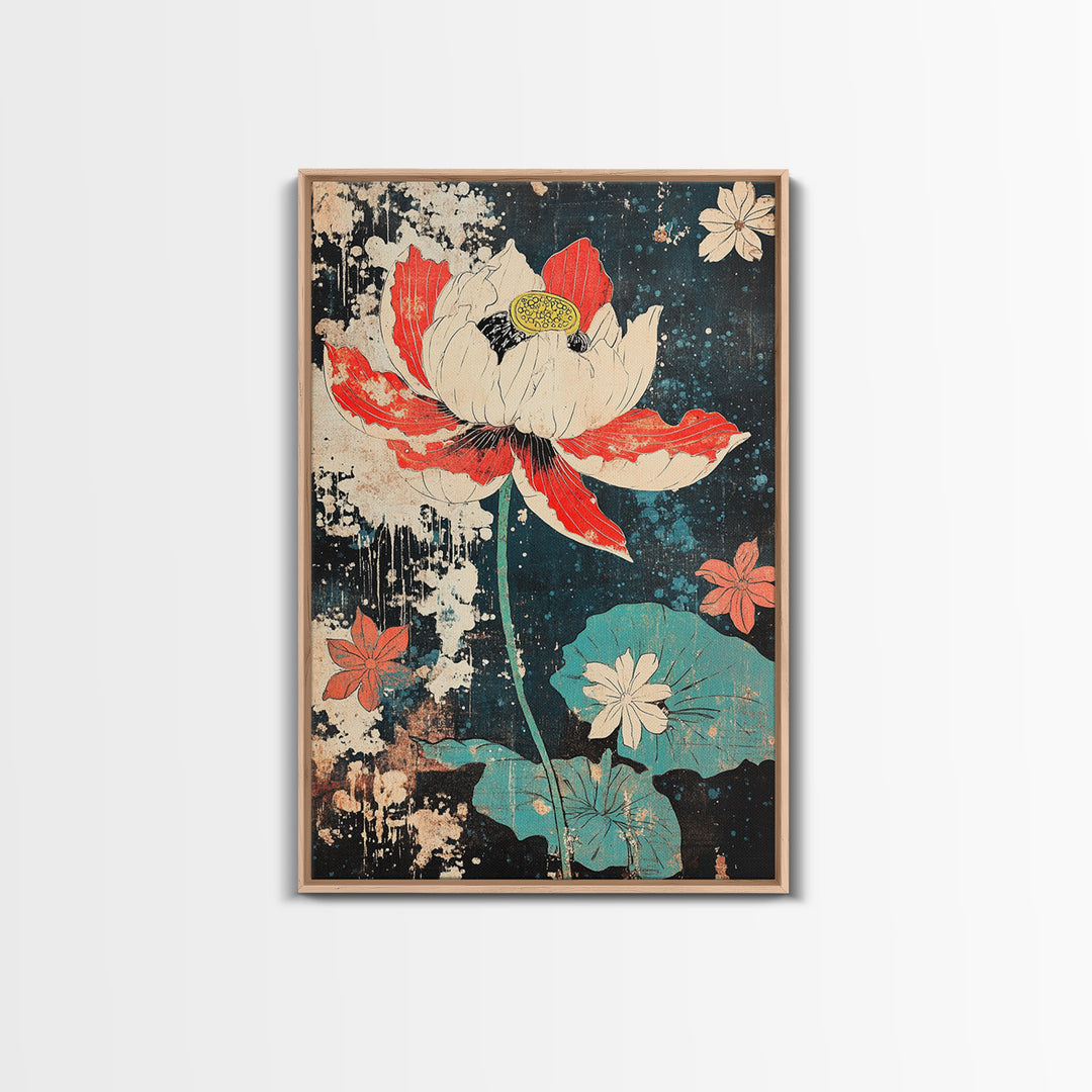 Red And White Lotus Flower Wall Art, Japanese Botanical Print, Dark Floral Decor, Teal Pond Leaves, Modern Canvas Print Gift