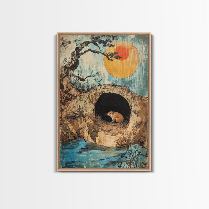 Mouse In Hollow Tree Wall Art, Japanese Nature Print, Whimsical Animal Decor, Orange Sun, Zen Landscape Canvas Print Gift
