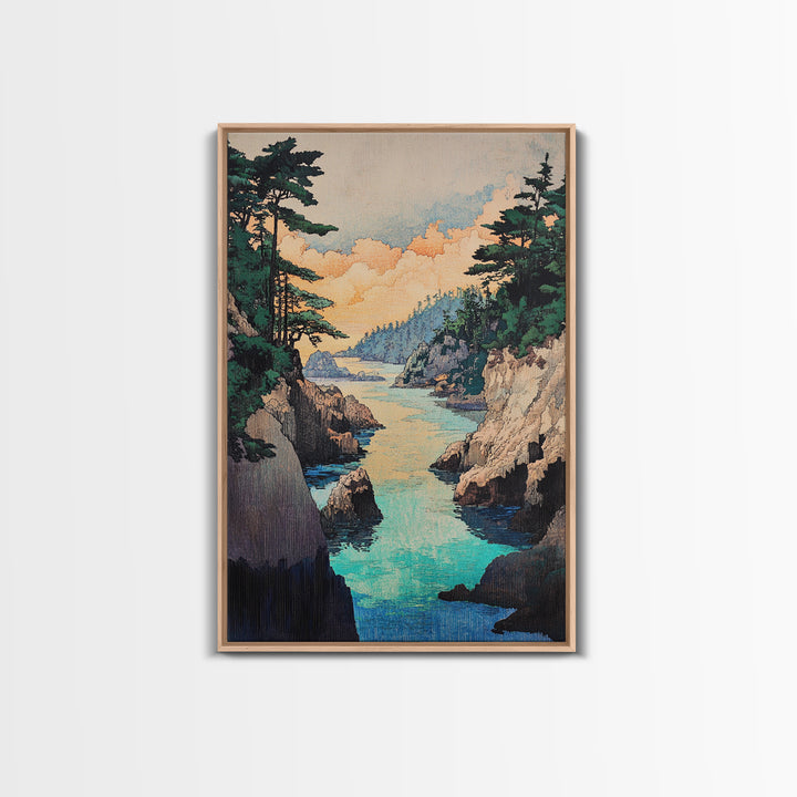 Turquoise Rocky Cove Wall Art, Japanese Coastal Landscape Print, Ocean Seascape Canvas Print, Serene Living Room Decor Gift