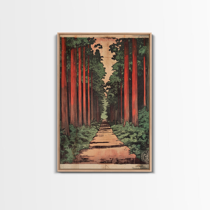 Tall Cedar Forest Path Wall Art, Japanese Woodland Landscape Print, Rustic Nature Canvas Print, Entryway Decor Housewarming Gift