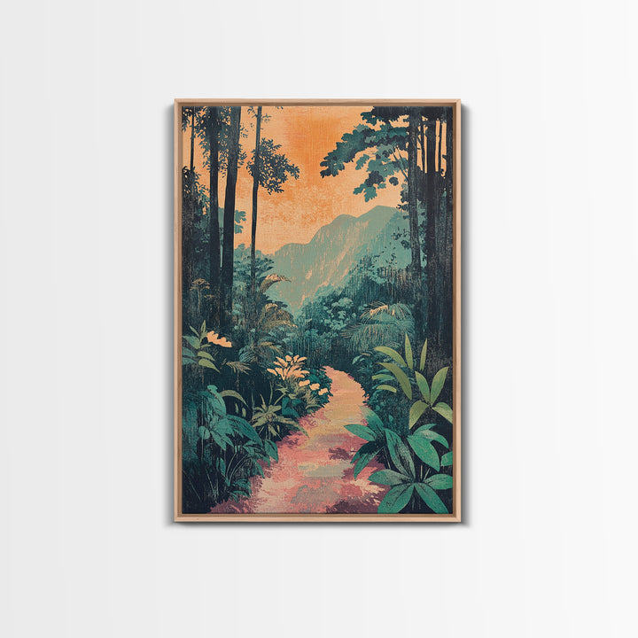 Tropical Jungle Path Wall Art, Lush Botanical Landscape Print, Boho Nature Canvas Print, Vibrant Living Room Decor Gift For Her