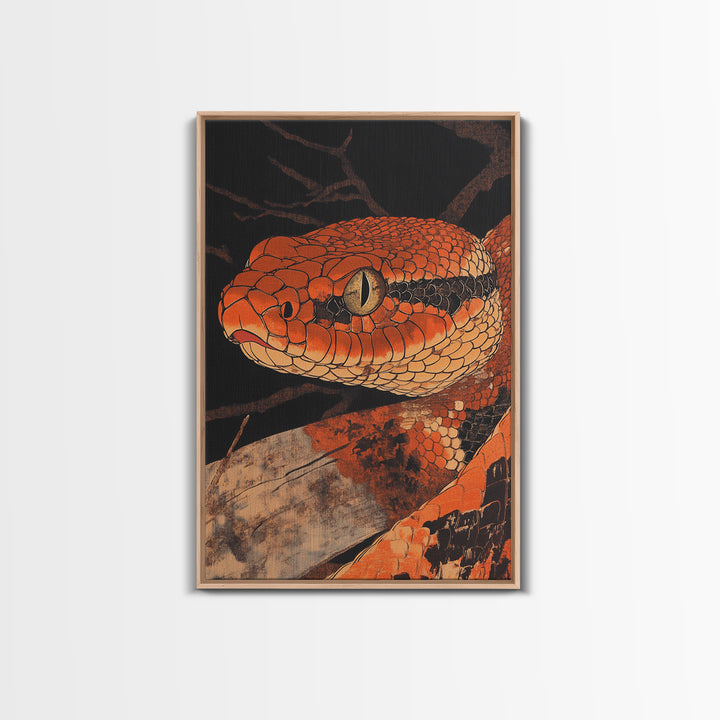 Orange Snake Portrait Framed Canvas Print, Dark Reptile Animal Wall Art, Gothic Wildlife Decor, Gift For Him, Man Cave Decor