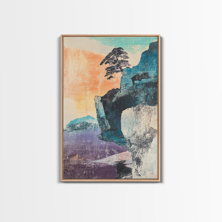 Pastel Sea Cliff With Windblown Pine Wall Art, Japanese Coastal Print, Japandi Decor, Minimalist Landscape, Living Room Decor
