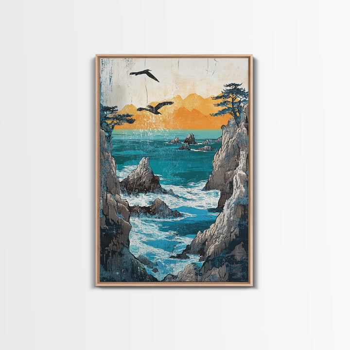 Ocean Cliffs With Flying Birds Canvas Print, Japanese Seascape Wall Art, Coastal Decor, Nautical Art, Living Room Decor, Gift For Him