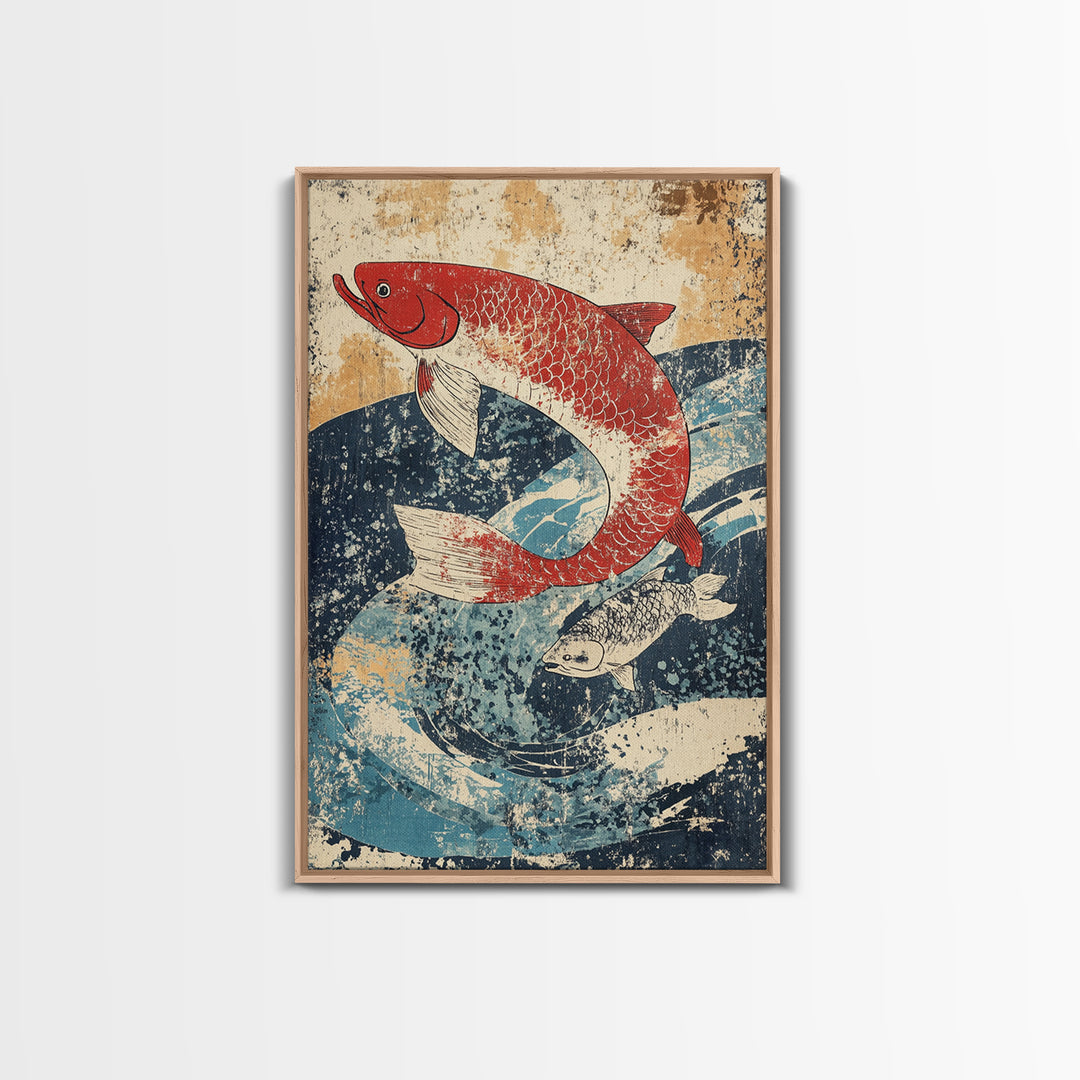 Red Koi Fish Swimming Through Blue Waves Wall Art, Japanese Canvas Print, Coastal Animal Decor, Feng Shui Living Room Art