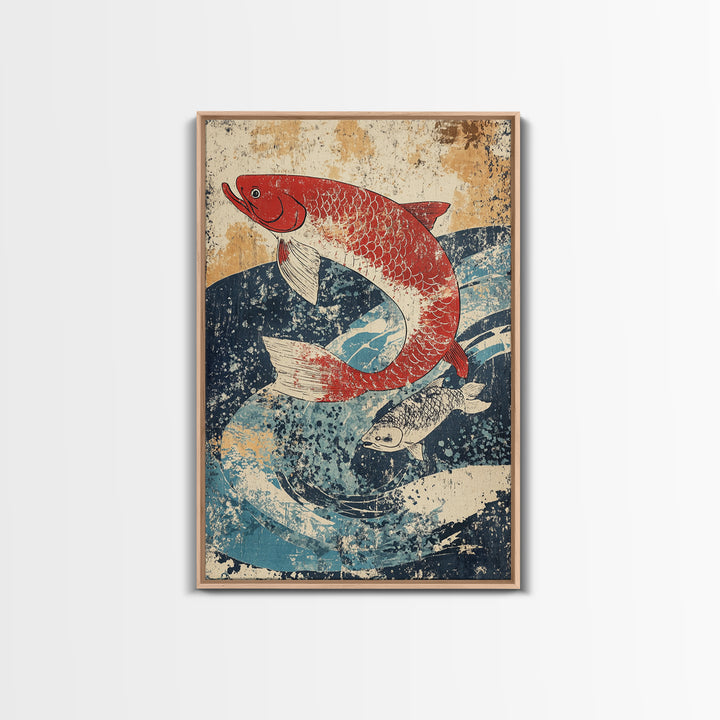Red Koi Fish Swimming Through Blue Waves Wall Art, Japanese Canvas Print, Coastal Animal Decor, Feng Shui Living Room Art