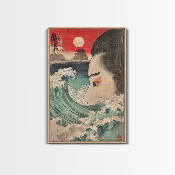 Ukiyo E Woman Face With Ocean Wave Canvas Print, Japanese Wall Art, Coastal Decor, Asian Inspired Art, Living Room Decor