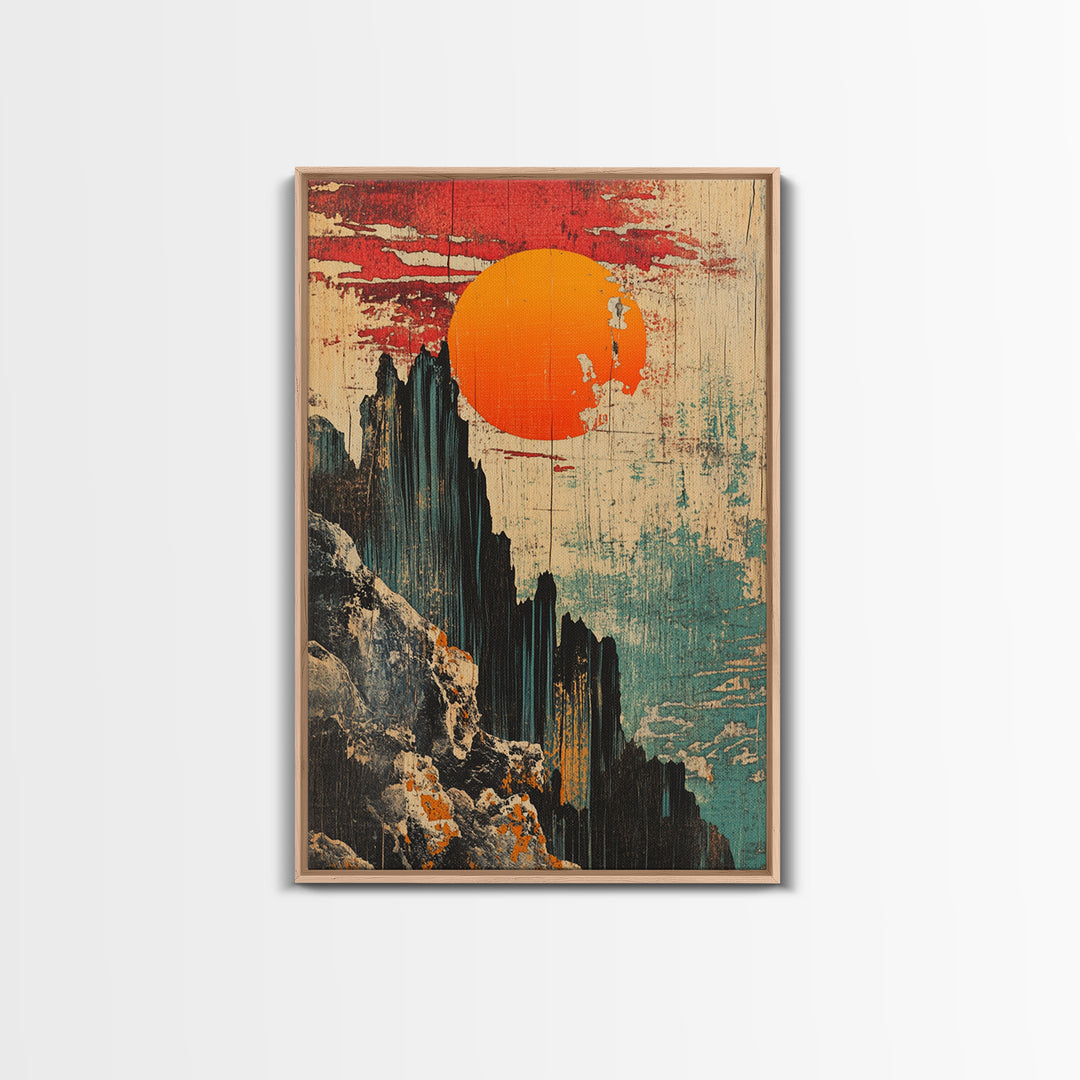 Dramatic Japanese Mountain Sun Canvas Print, Abstract Landscape Art, Modern Wall Decor, Japandi Wall Art, Living Room Decor
