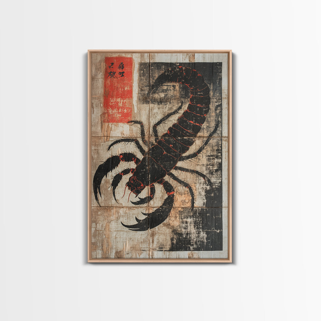 Black Scorpion Japanese Framed Canvas Print, Gothic Wall Art, Dark Academia Decor, Animal Art Print, Unique Gift For Him