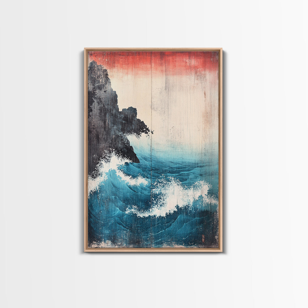 Dramatic Blue Wave And Cliff Canvas Print, Japanese Seascape Wall Decor, Coastal Ocean Art For Living Room Decor, Beach House Gift