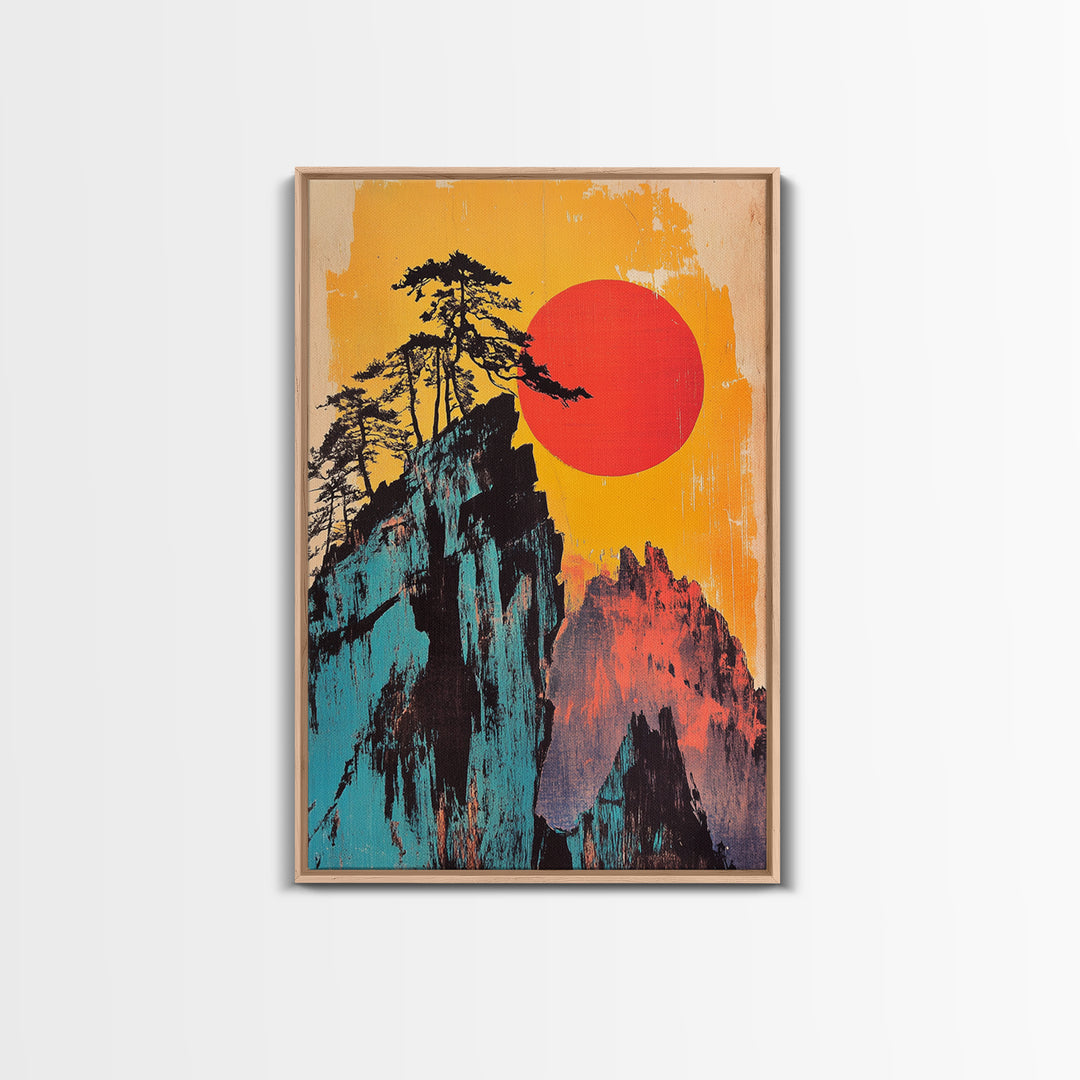 Bold Red Sun Mountain Cliff Wall Art, Japanese Landscape Print, Retro Travel Poster, Statement Living Room Decor Gift For Him