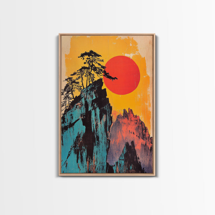 Bold Red Sun Mountain Cliff Wall Art, Japanese Landscape Print, Retro Travel Poster, Statement Living Room Decor Gift For Him