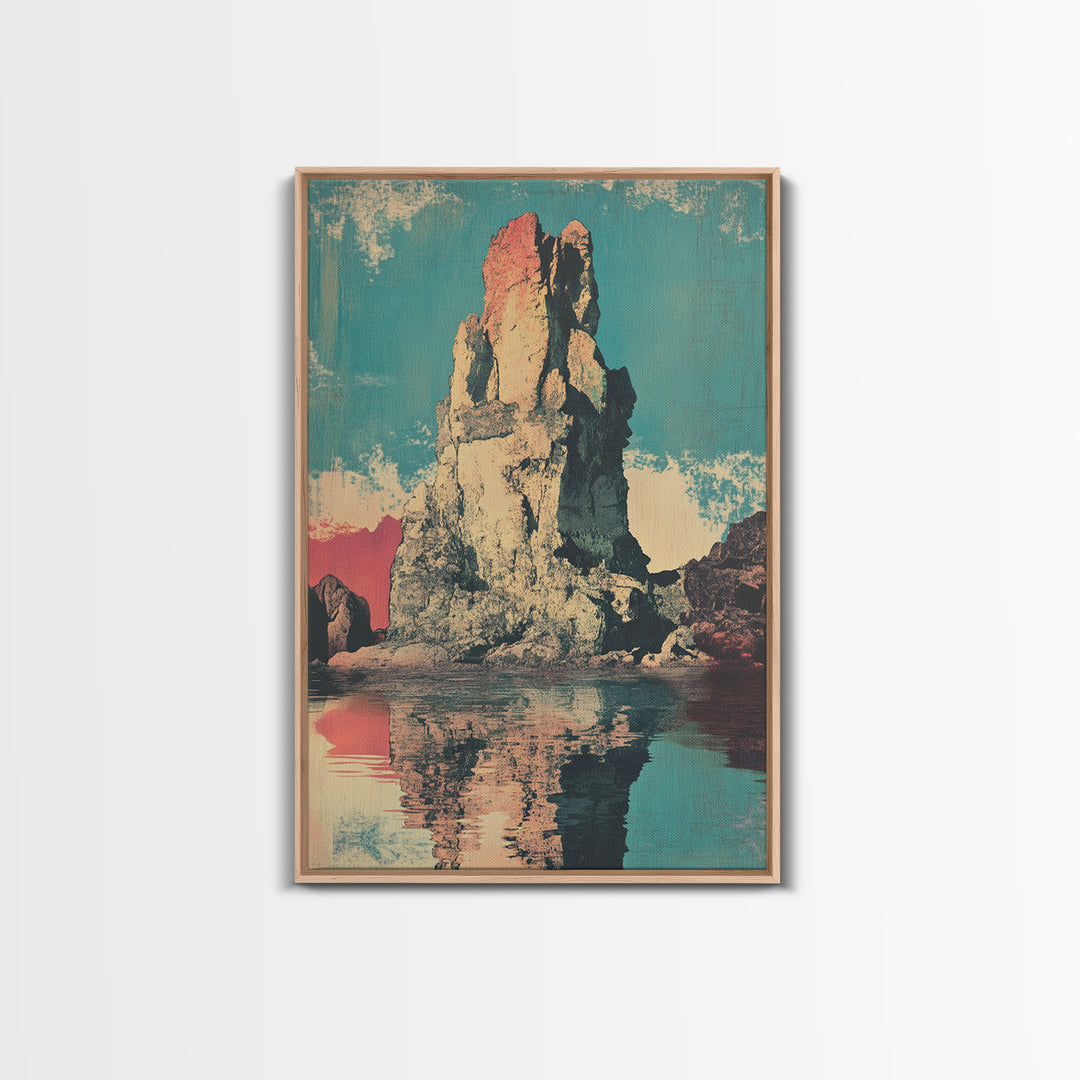 Turquoise Sea Stack Island At Sunset Wall Art, Retro Coastal Landscape Print, Ocean Rock Nature Decor, Modern Beach House