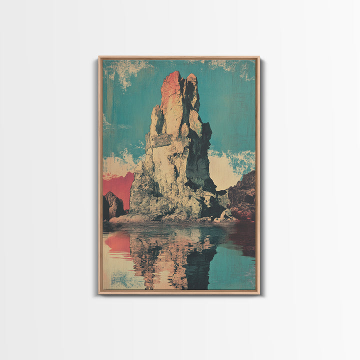 Turquoise Sea Stack Island At Sunset Wall Art, Retro Coastal Landscape Print, Ocean Rock Nature Decor, Modern Beach House