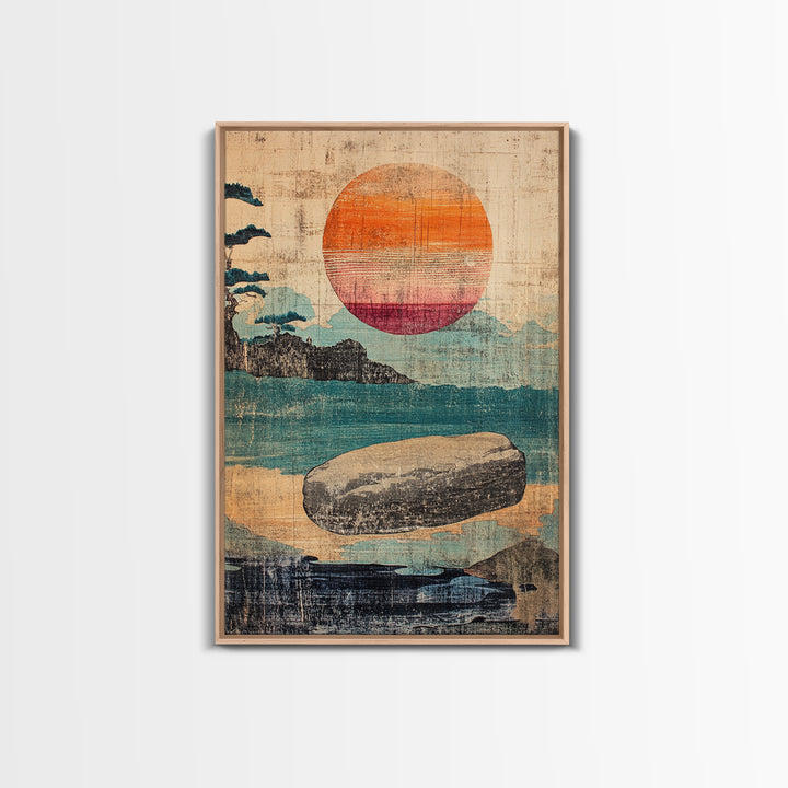 Floating Stone Over Teal Water At Sunset Canvas Print, Japandi Zen Wall Art, Minimalist Coastal Decor, Meditation Room Art