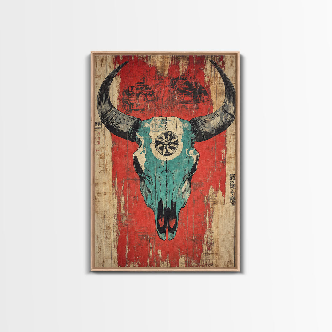Turquoise Bull Skull On Red Rustic Wood Wall Art, Western Wall Decor, Southwestern Canvas, Tribal Home Decor For Living Room