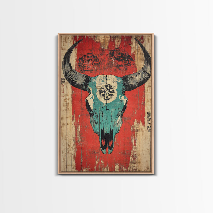 Turquoise Bull Skull On Red Rustic Wood Wall Art, Western Wall Decor, Southwestern Canvas, Tribal Home Decor For Living Room