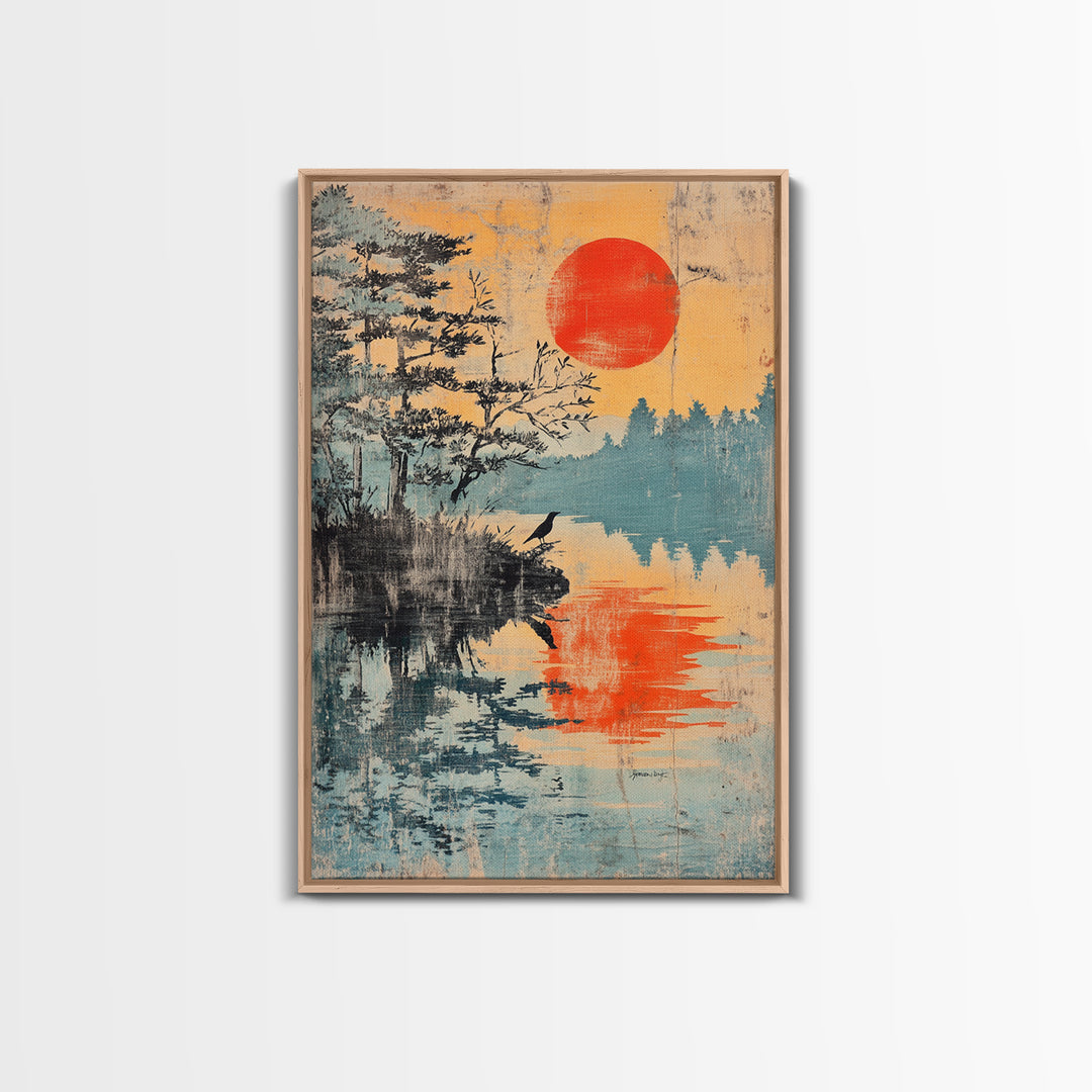 Red Sun Over Pine Lake Reflection Wall Art, Japanese Wall Decor, Japandi Landscape Print, Serene Nature Canvas For Living Room