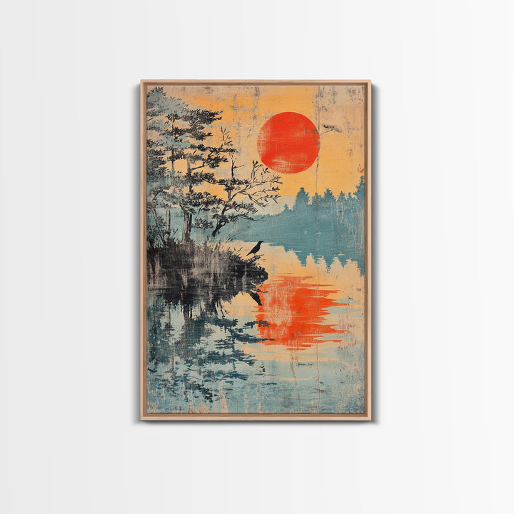 Red Sun Over Pine Lake Reflection Wall Art, Japanese Wall Decor, Japandi Landscape Print, Serene Nature Canvas For Living Room