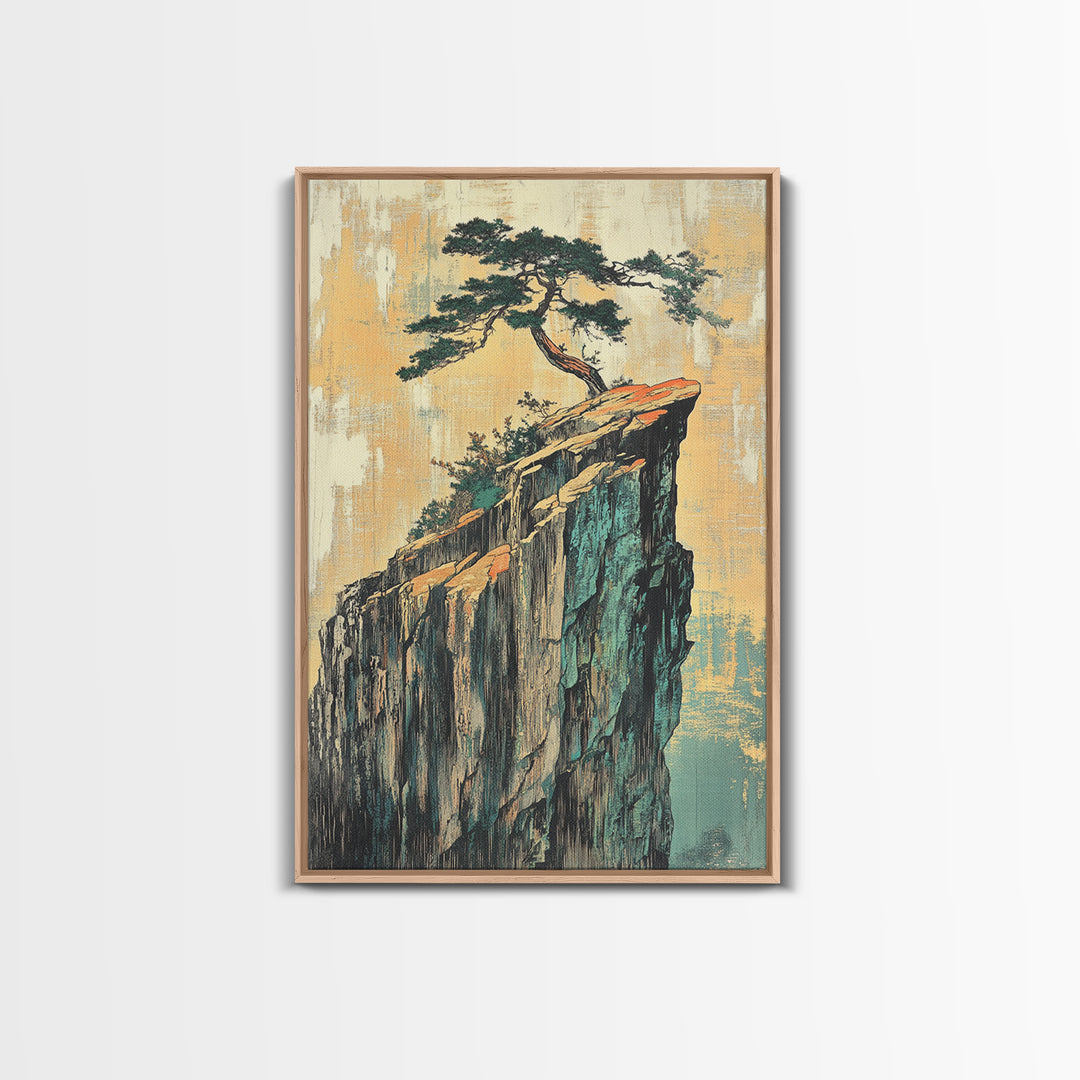 Lone Pine Tree On Sheer Cliff Wall Art, Japandi Landscape, Japanese Wall Decor, Serene Nature Canvas Print For Living Room