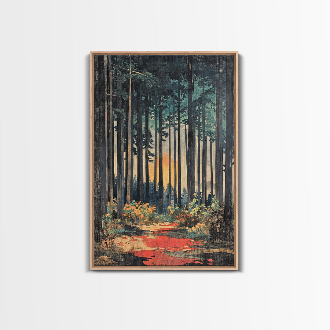 Tall Pine Forest Path At Sunset Wall Art, Nature Wall Decor, Moody Landscape Print, Woodland Canvas For Living Room Decor