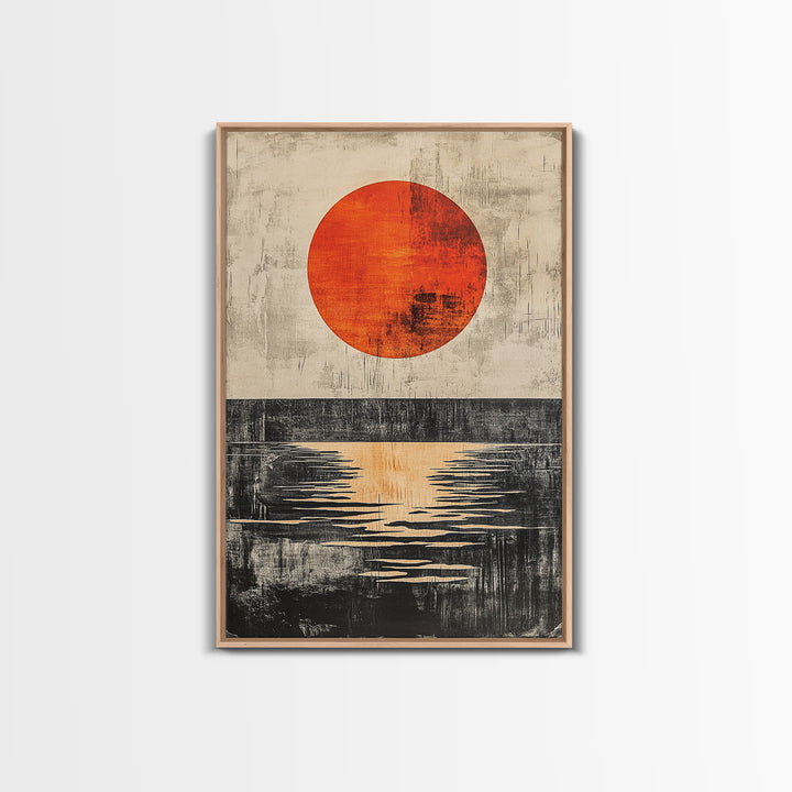 Minimal Red Sun Over Black Horizon Wall Art, Abstract Landscape Print, Japandi Wall Decor, Modern Canvas For Living Room