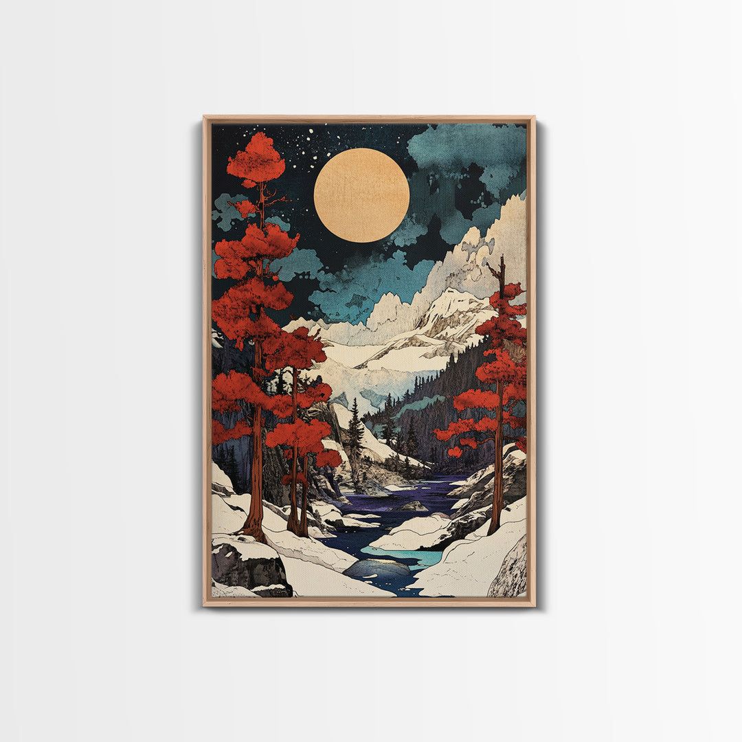 Full Moon Snowy Mountain Wall Art, Red Pine Japanese Landscape Canvas Print, Winter Forest Decor For Cabin Living Room Gift