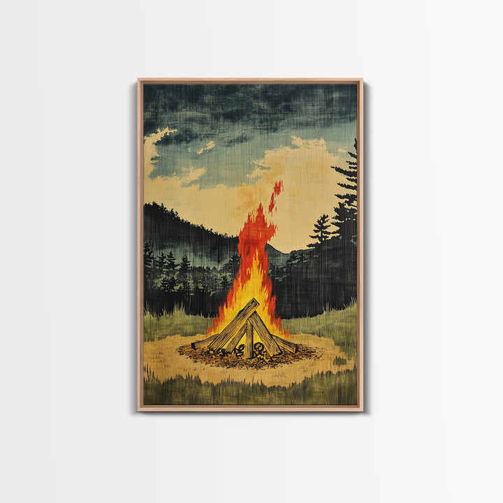 Forest Campfire At Dusk Wall Art, Rustic Cabin Landscape Canvas Print, Cozy Nature Decor For Man Cave Living Room Home Decor