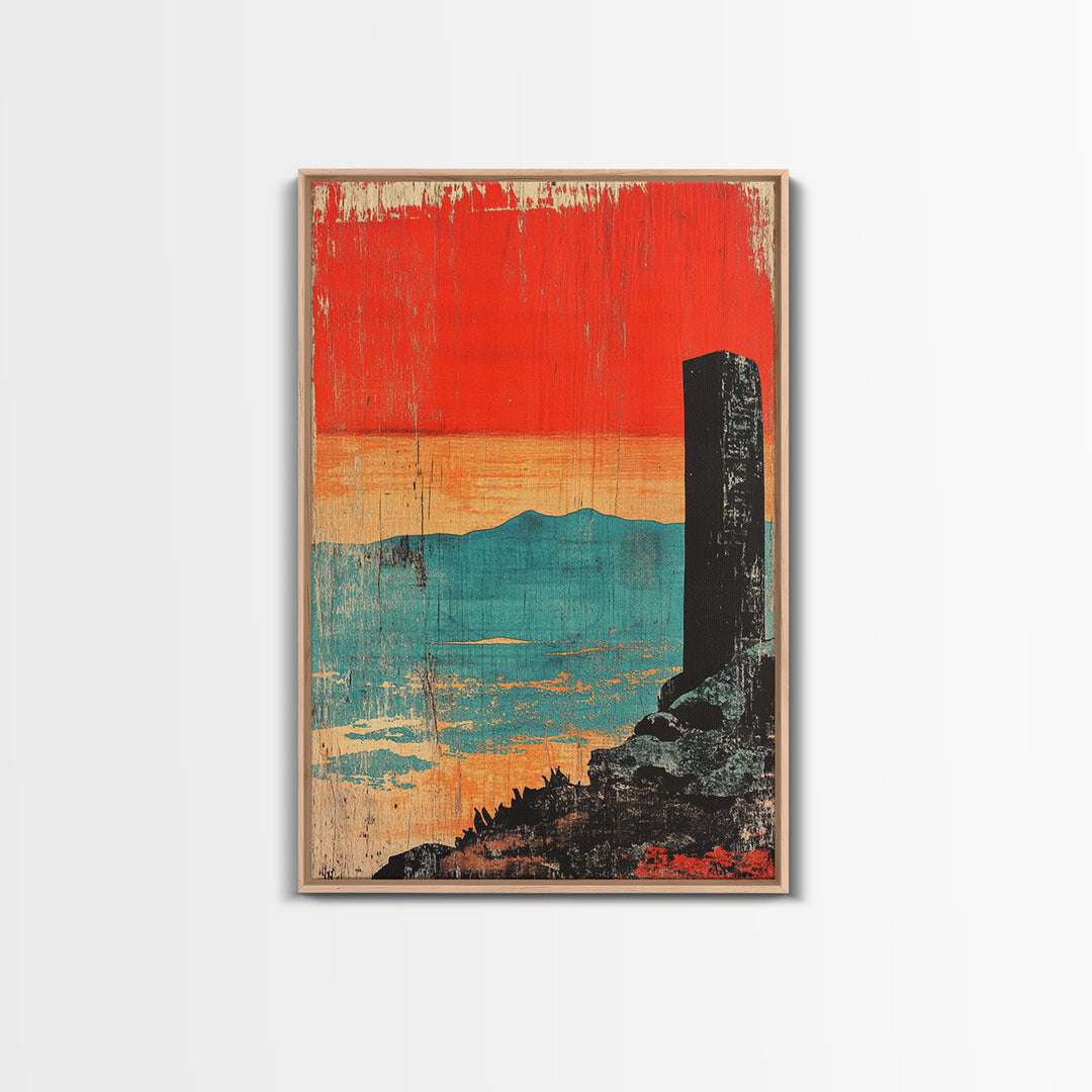 Orange Sunset Over Turquoise Sea Wall Art, Minimal Japanese Landscape Print, Coastal Zen Decor, Modern Living Room Art, Gift