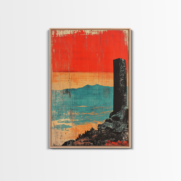Orange Sunset Over Turquoise Sea Wall Art, Minimal Japanese Landscape Print, Coastal Zen Decor, Modern Living Room Art, Gift