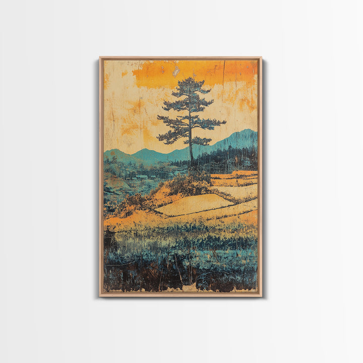 Lone Pine Above Terraced Fields Wall Art, Japanese Mountain Landscape Print, Rustic Nature Decor, Serene Farmhouse Art, Gift