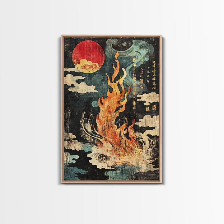 Mystic Fire Under Red Moon Canvas Print, Japanese Folklore Wall Art, Celestial Fantasy Decor, Dark Zen Statement Print, Gift