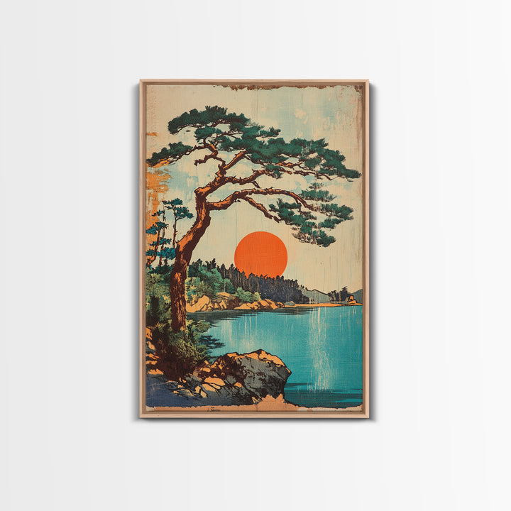 Lakeside Pine At Orange Sun Framed Canvas Print, Japanese Landscape Wall Art, Coastal Cabin Decor, Serene Nature Home Decor