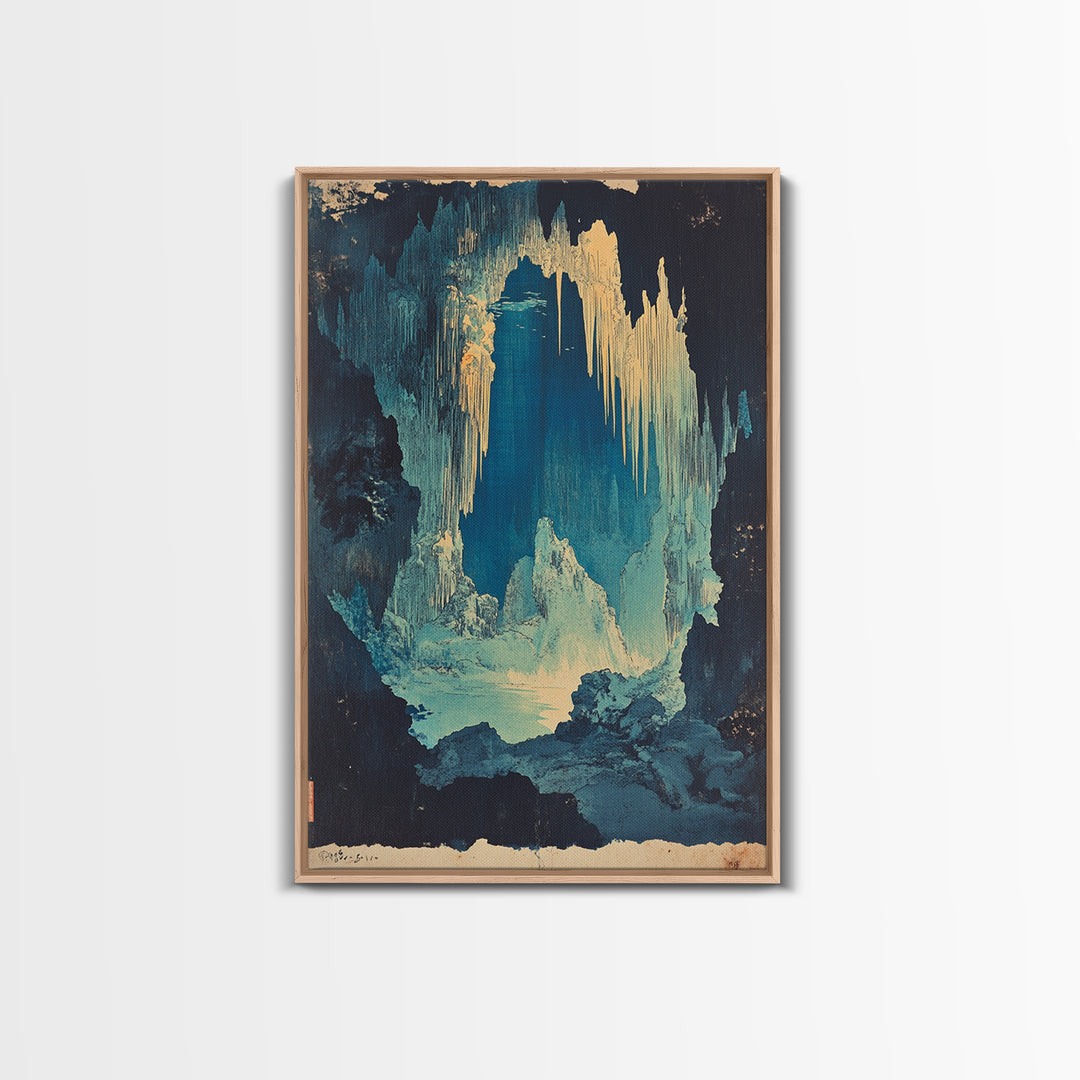 Blue Ice Cave With Glowing Cavern Lake Framed Canvas Print, Fantasy Landscape Wall Art, Moody Nature Decor, Unique Office Art
