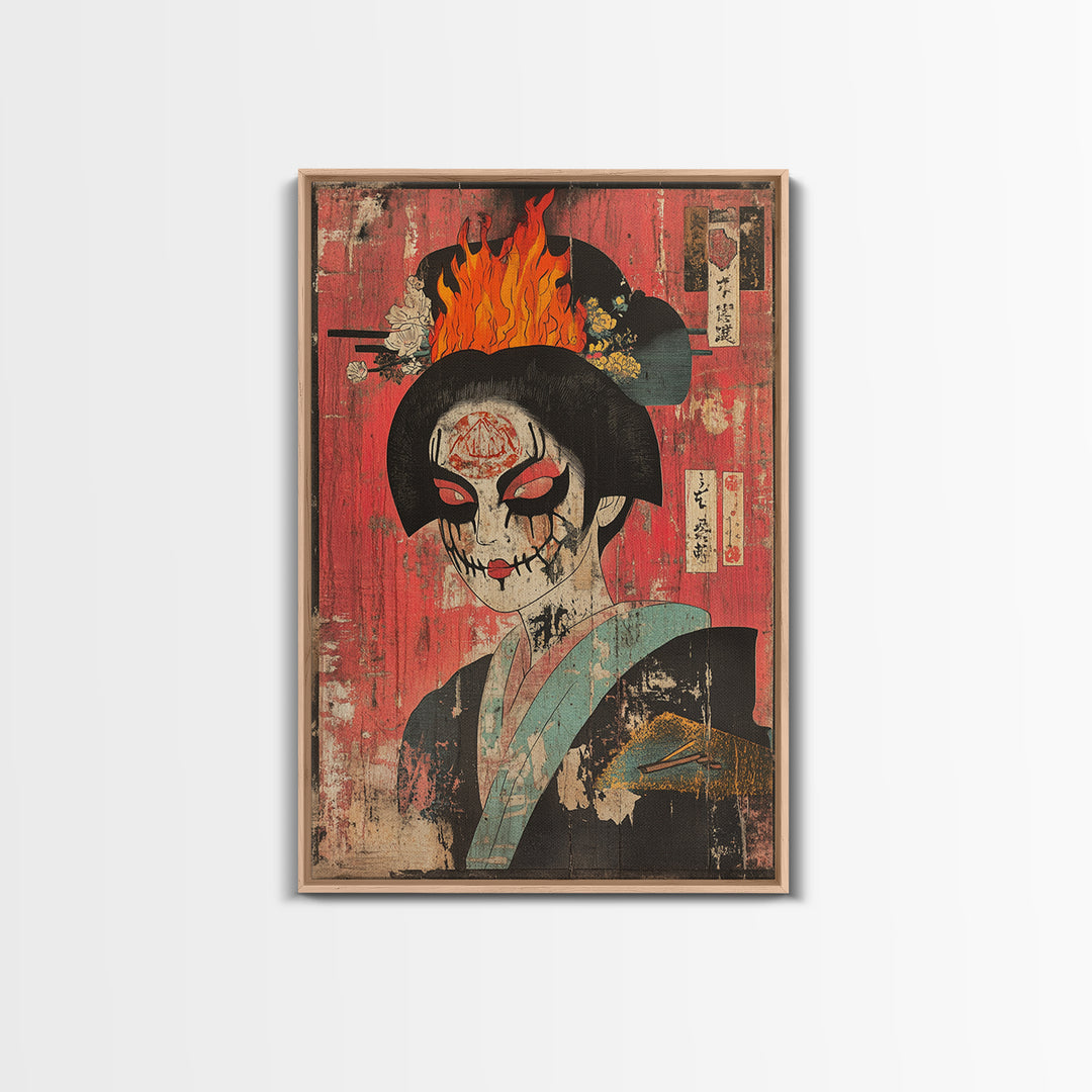 Gothic Geisha Skull With Flaming Headdress Canvas Print, Japanese Dark Wall Art, Surreal Portrait Decor, Moody Maximalist Art