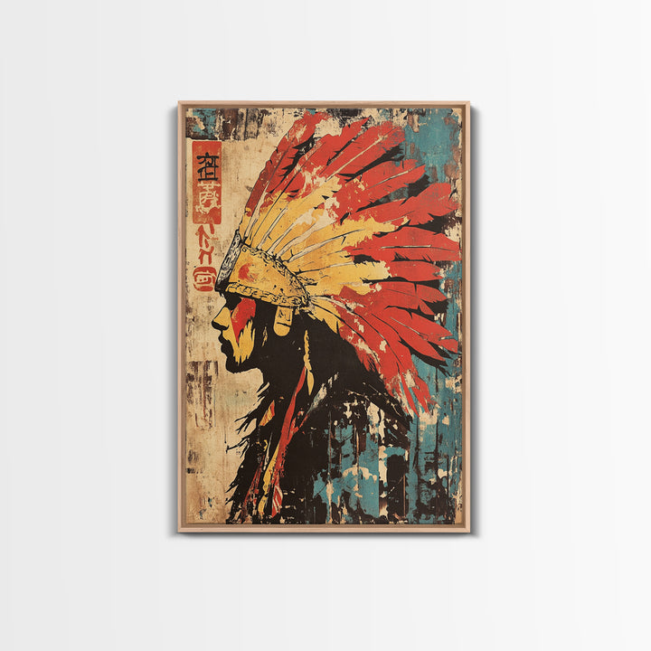 Indigenous Warrior Headdress Canvas Print, Tribal Wall Art, Southwestern Decor, Cultural Art Print, Bold Western Home Decor