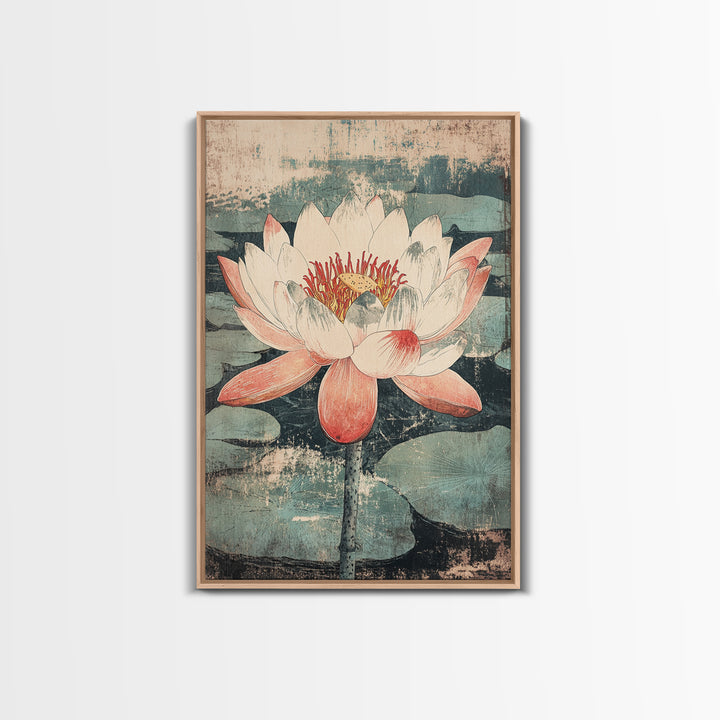 Pink Lotus Flower Botanical Wall Art, Japanese Canvas Print, Water Lily Pond Decor, Japandi Nature Art For Bedroom Decor